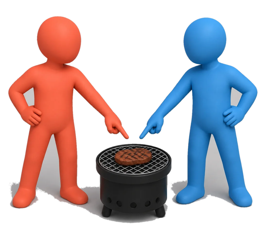同時に同じ肉を指差して、にらみ合う2人